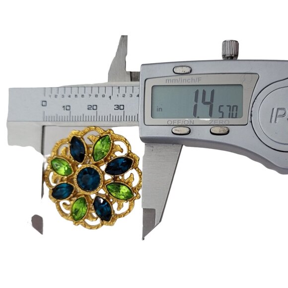 1928 Brand Green, Blue Resin Rhinestone Gold Tone Round Filigree Brooch L24 - Picture 8 of 9